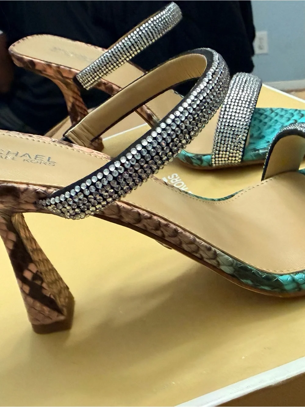 Michael Kors Turquoise Snake-Print Crystal-Strap Heels